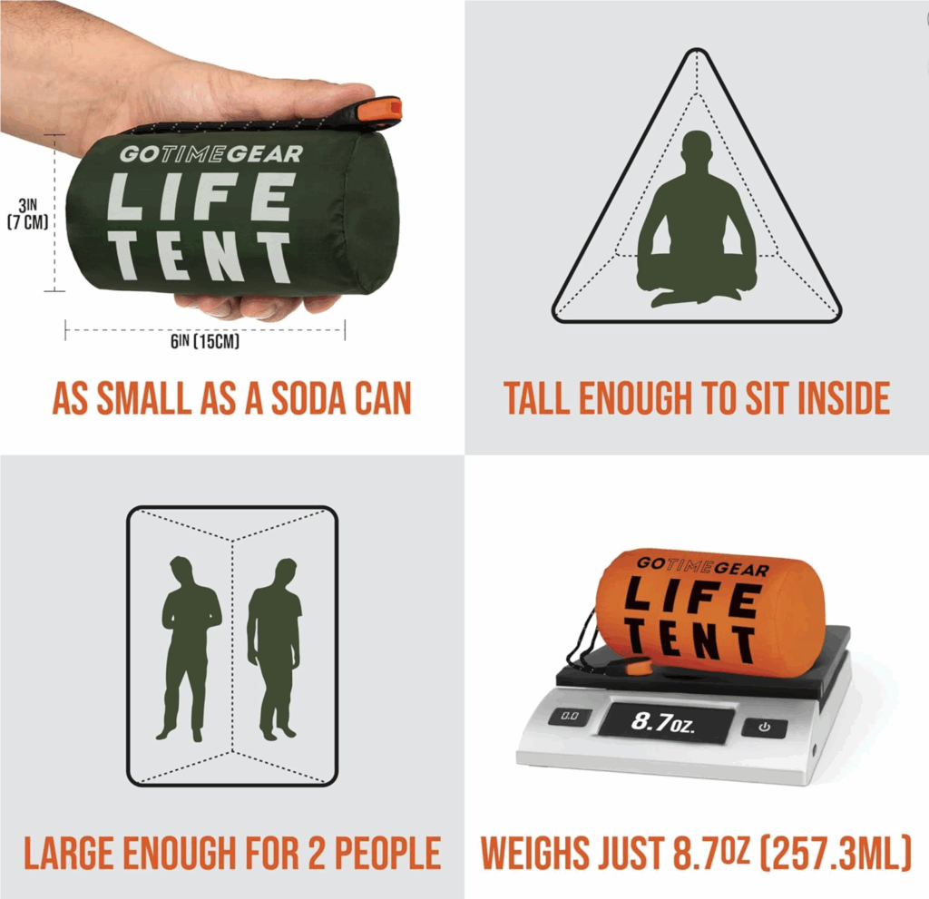 Go Time Gear Survival Life Tent • 2 Person Mylar Emergency Shelter Tube Tent + Paracord