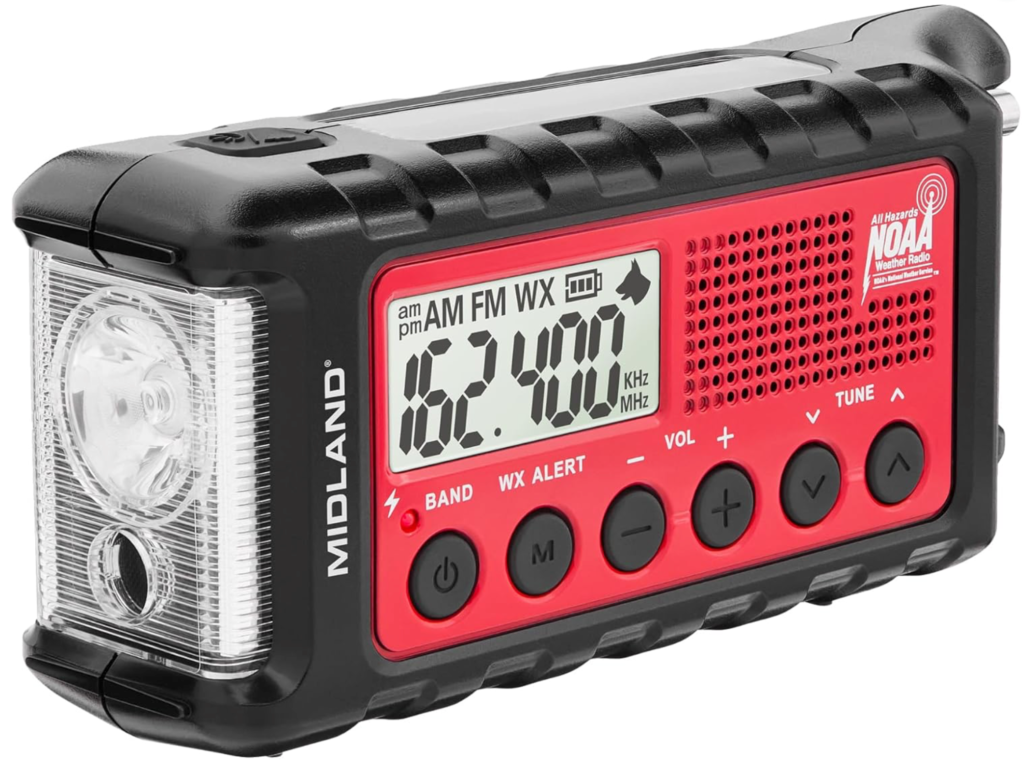 Midland - ER310, Emergency Crank Weather AM/FM Radio - Multiple Power Sources, SOS Emergency Flashlight, Ultrasonic Dog Whistle, & NOAA Weather Scan